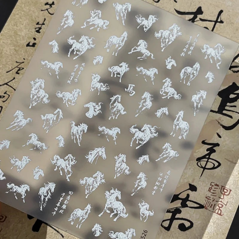 Ink Painting Horse Nail Art Stickers – Black & White Decals