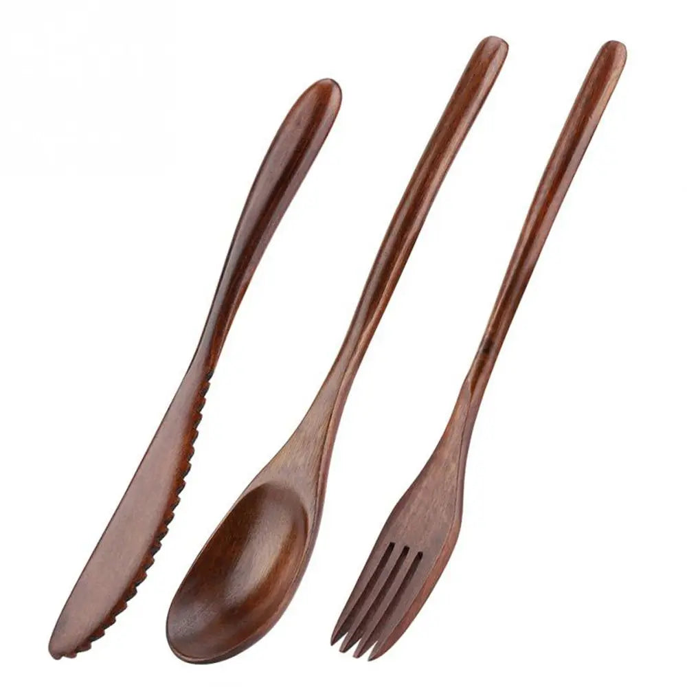 Reusable Wooden Cutlery Set – Knife Fork Spoon with Carry Bag