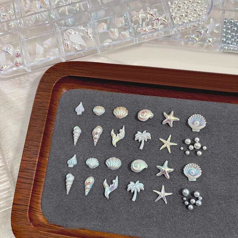 12-Grid Ocean 3D Nail Charms – Shells, Starfish & Mermaid
