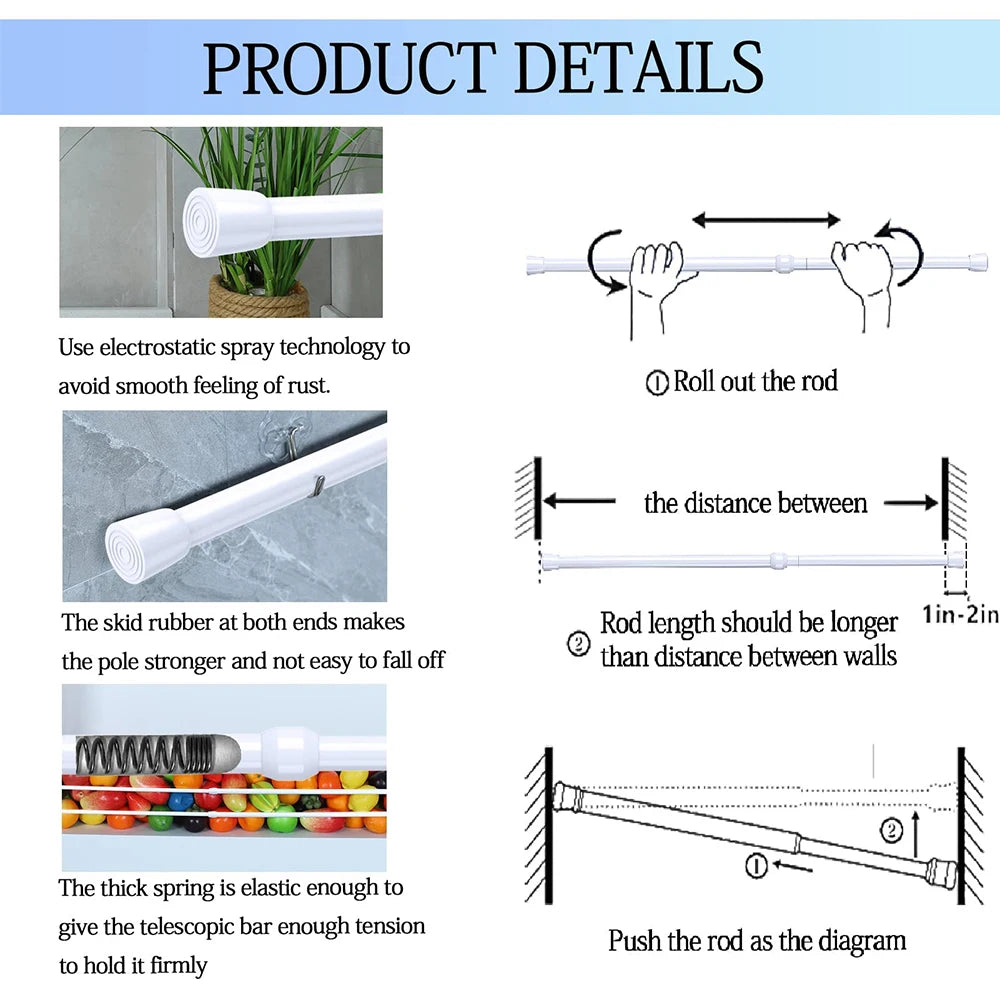 Tension Rod 40–150cm No-Drill Extendable Spring Curtain Pole