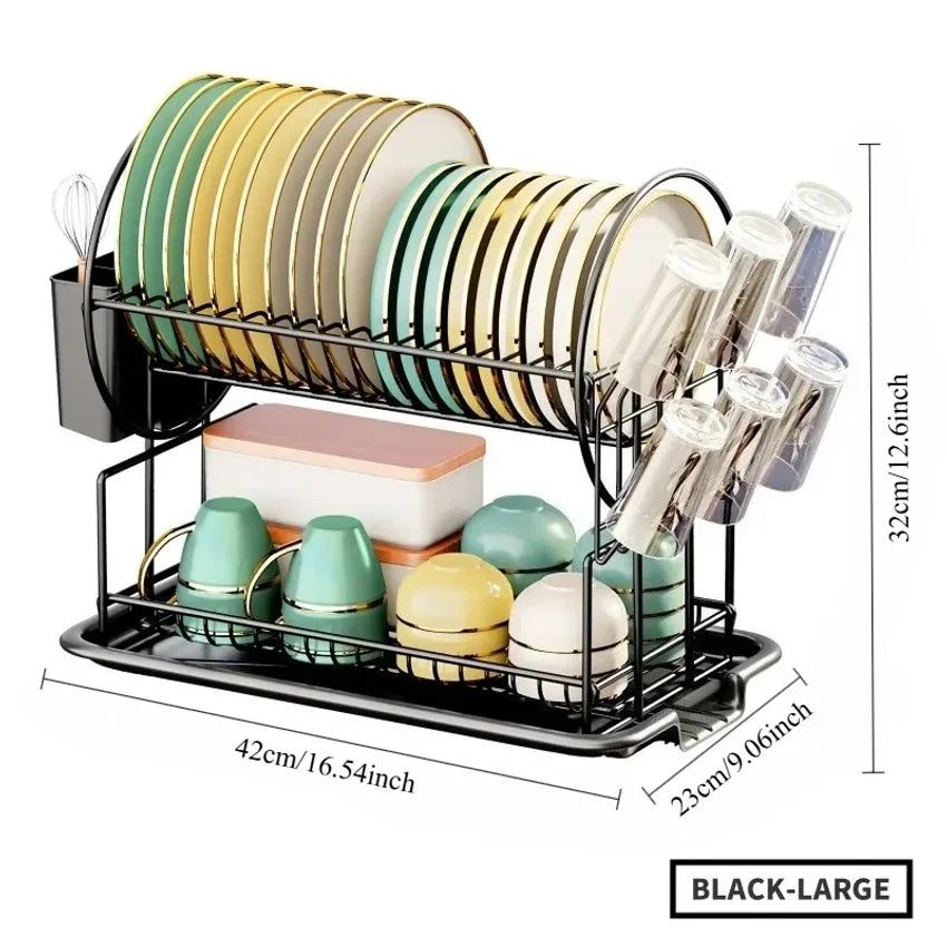 2-Tier Dish Drying Rack with Drain Board & Utensil Holder