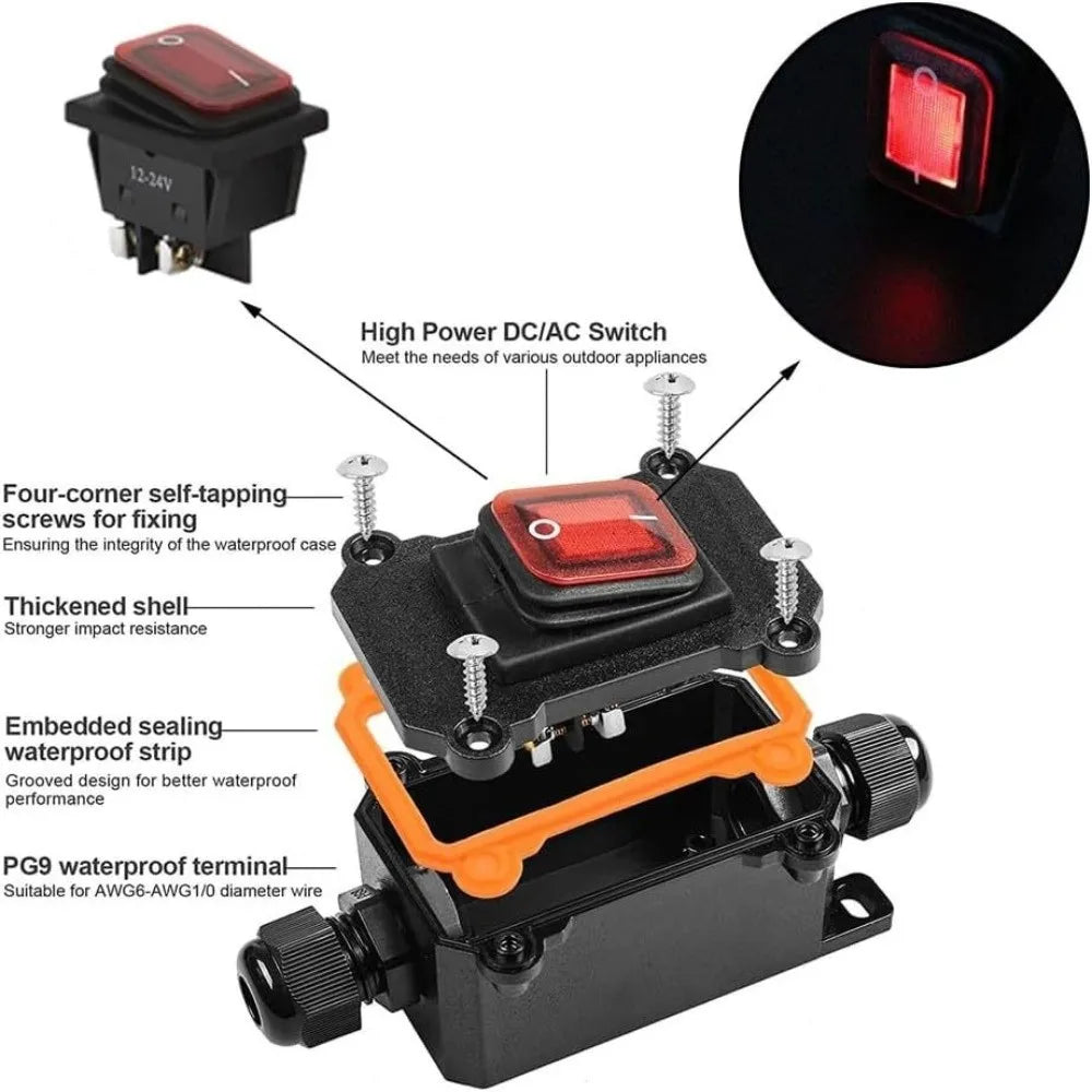 IP67 Waterproof Inline Power Switch 30A 110V–220V Heavy Duty