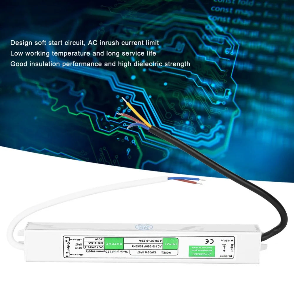 12V 30W Waterproof LED Power Supply Driver – IP67, Ultra-Thin