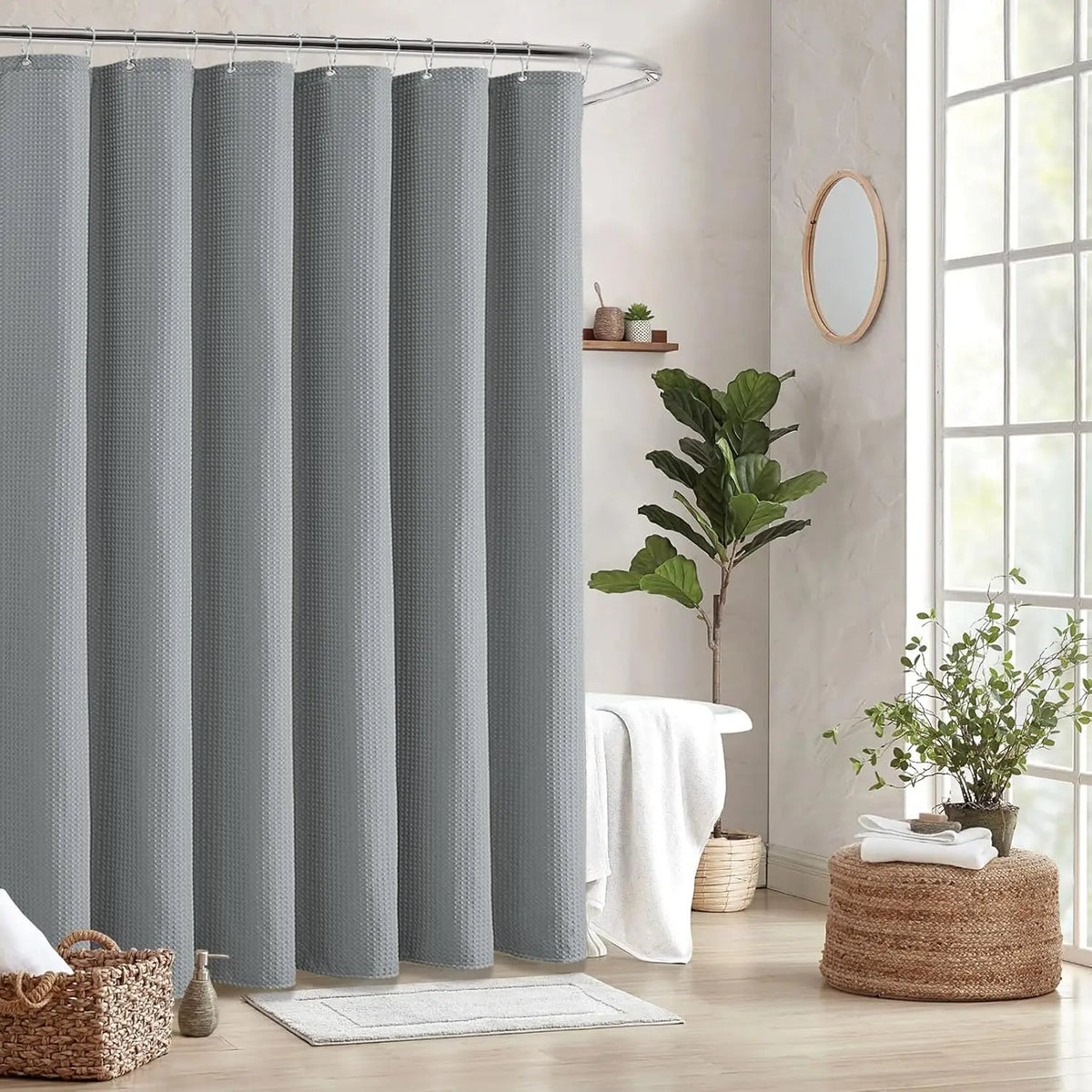 Waffle Shower Curtain 180x180cm with 12 Metal Hooks – Waterproof