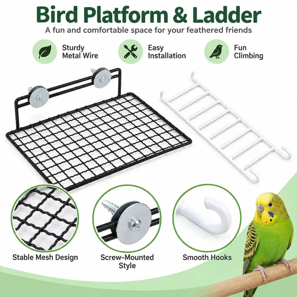 Metal Wire Bird Cage Platform Perch & Ladder – Black/White
