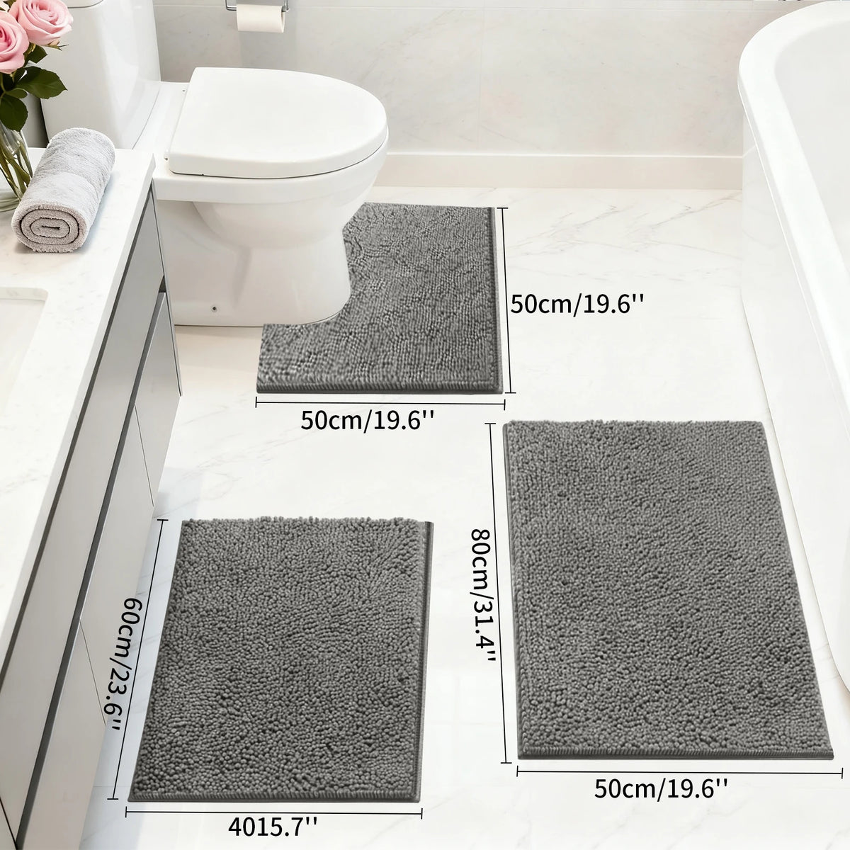 Set of 3 Chenille Bath Rugs – Shaggy Non-Slip Bathroom Mats