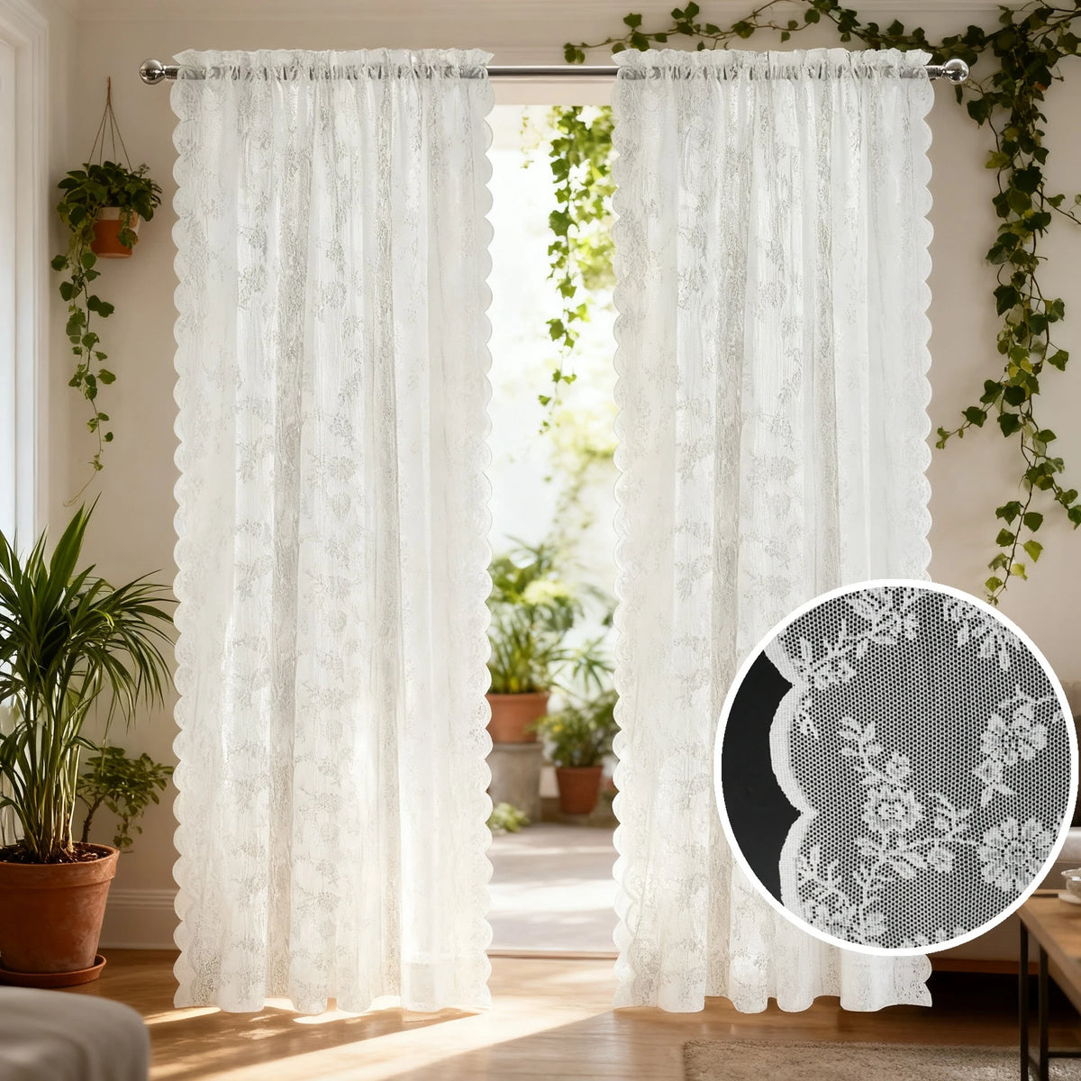 White Floral Lace Sheer Curtains Rod Pocket Voile Drapes