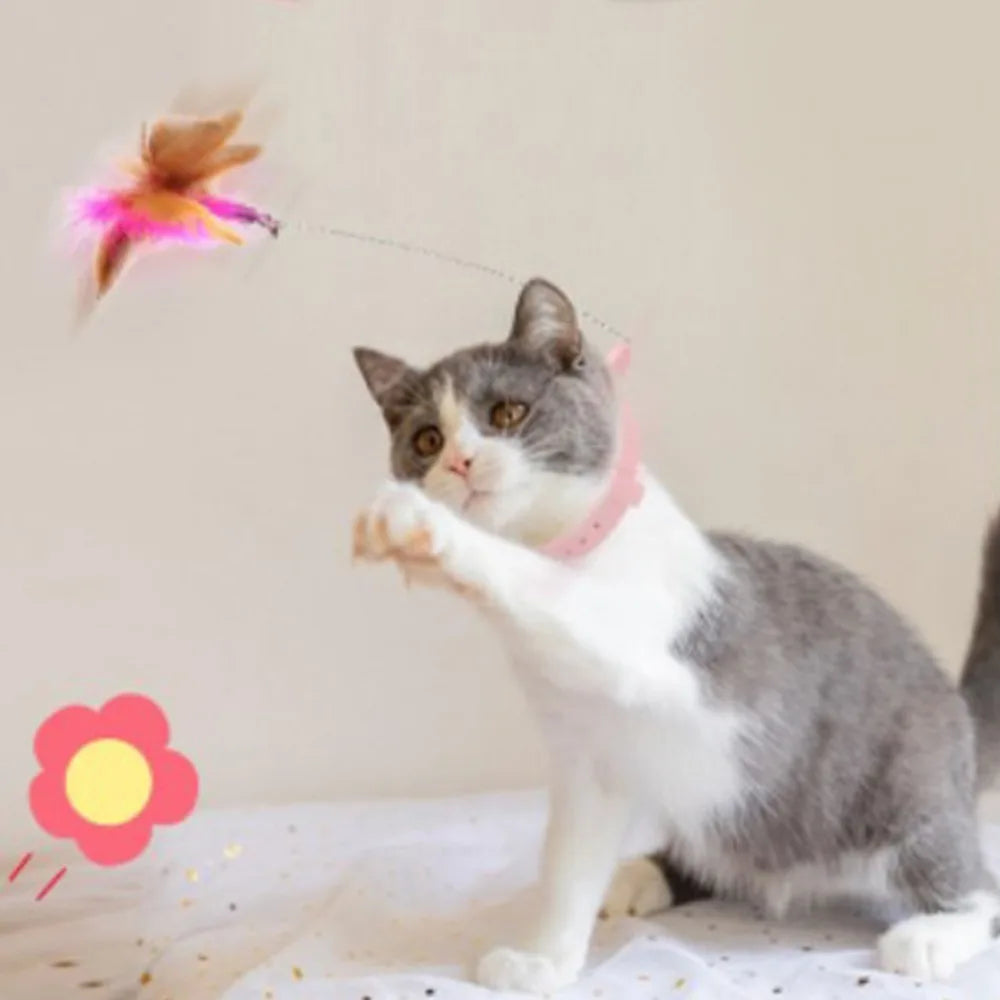 Adjustable Cat Feather Collar Wand Toy with Bell | Interactive