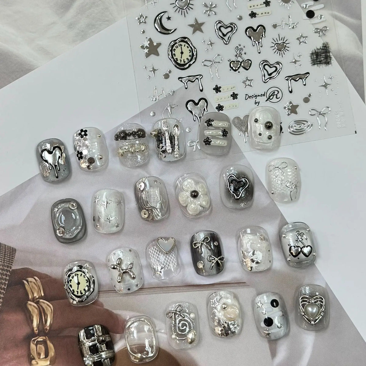 5D Punk Nail Art Stickers Moon Star Heart Rhinestone Decals