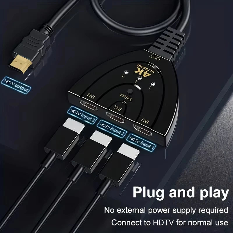 3-Port HDMI Switch 4K Splitter for TV Xbox PS3 PS4 | Plug & Play