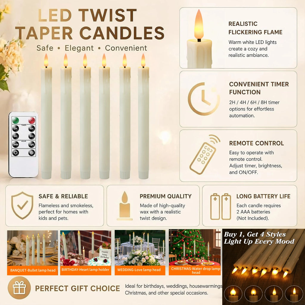 Flameless LED Taper Candles 6/12 Pack with Remote & Timer