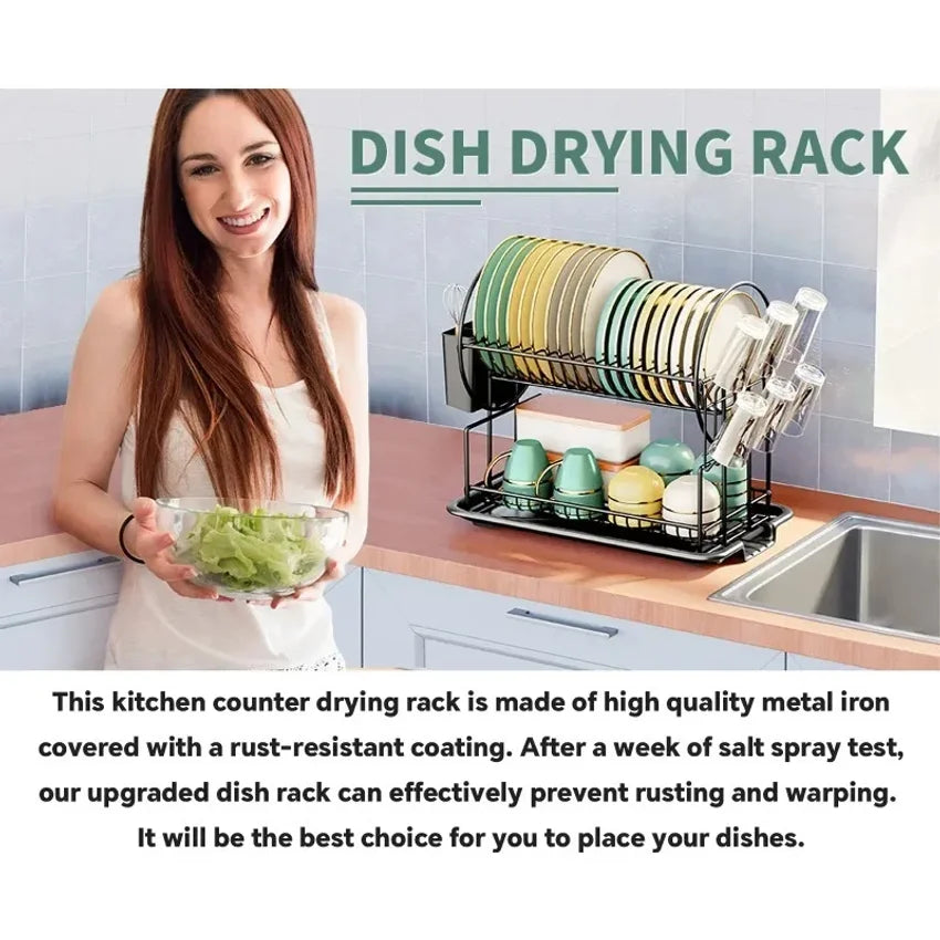2-Tier Dish Drying Rack with Drain Board & Utensil Holder