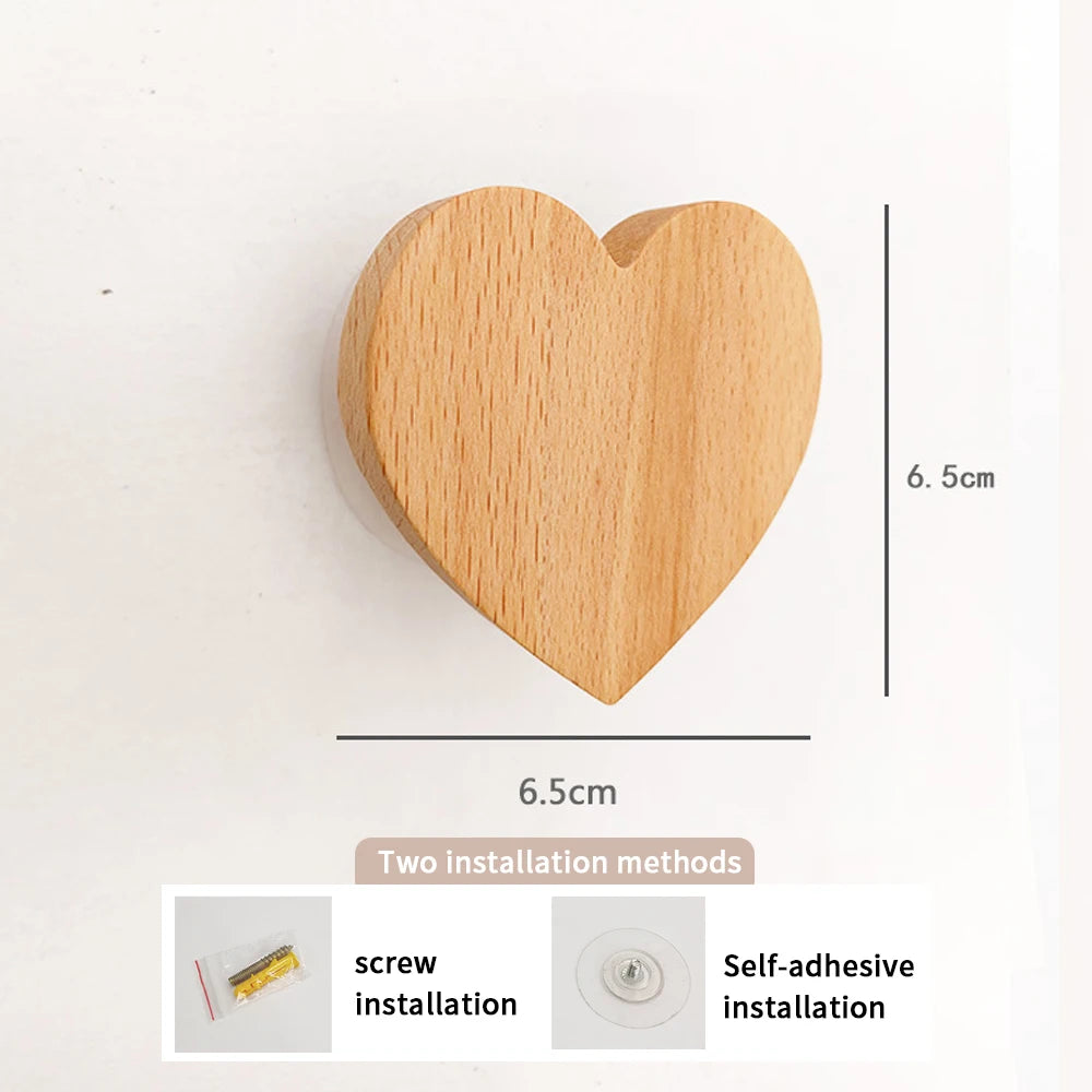 Wooden Heart Shaped Wall Hooks – Adhesive & Screw Mount