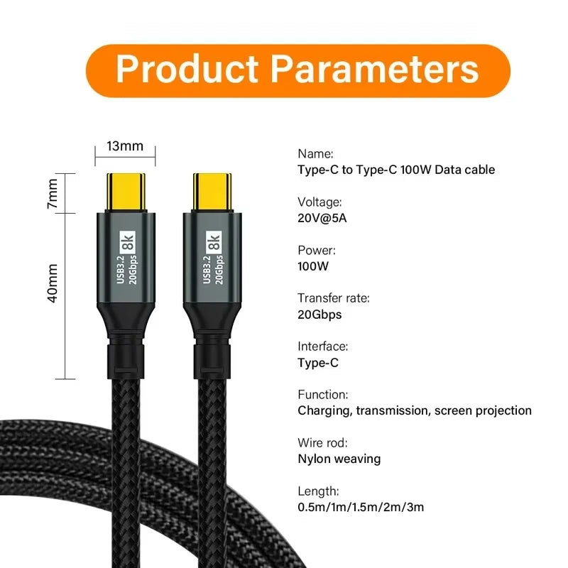 USB 3.2 100W USB-C Cable – 8K HD, 20Gbps Fast Charging