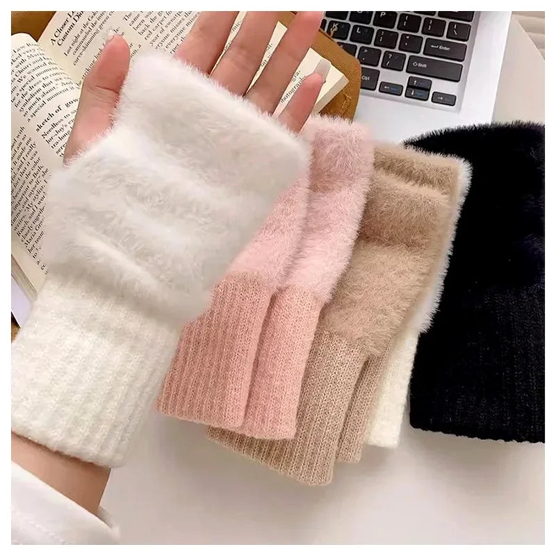 Women's Fingerless Knit Gloves – Warm Half-Finger Winter Mittens
