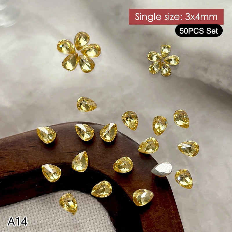 50Pcs Water Drop Zircon Nail Rhinestones 3D Flatback Crystal Gems