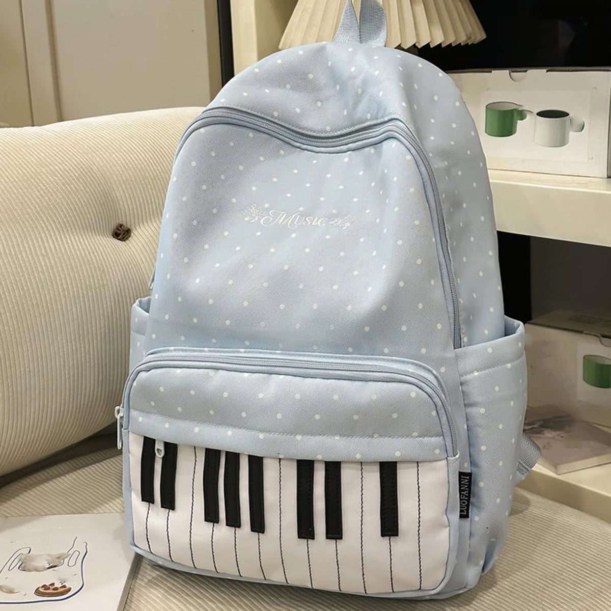 Women's Nylon Backpack Polka Dot Piano Key Design with Pendant