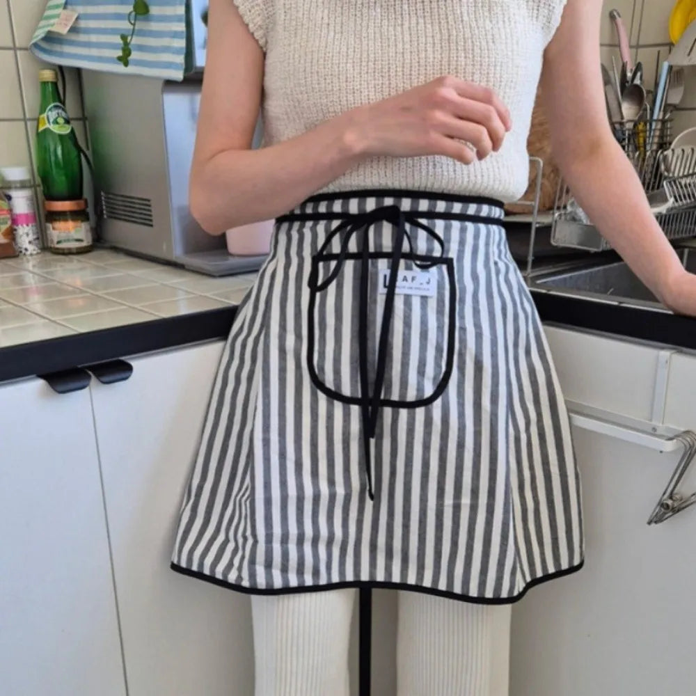 Striped Cotton Waist Apron with Pocket & Tie-Belt – Half Apron
