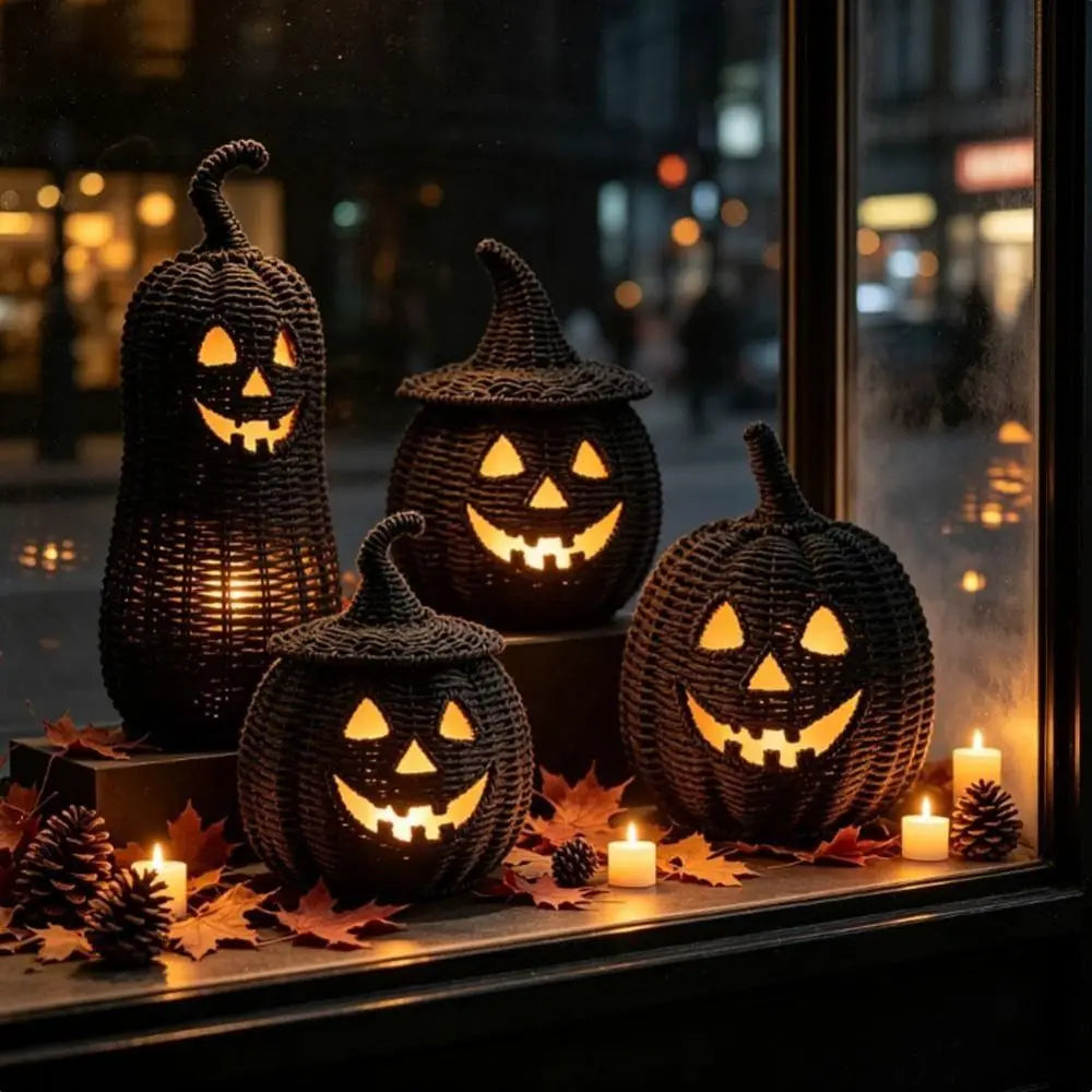 Halloween Woven Seagrass Pumpkin Basket | Witch Hat & LED
