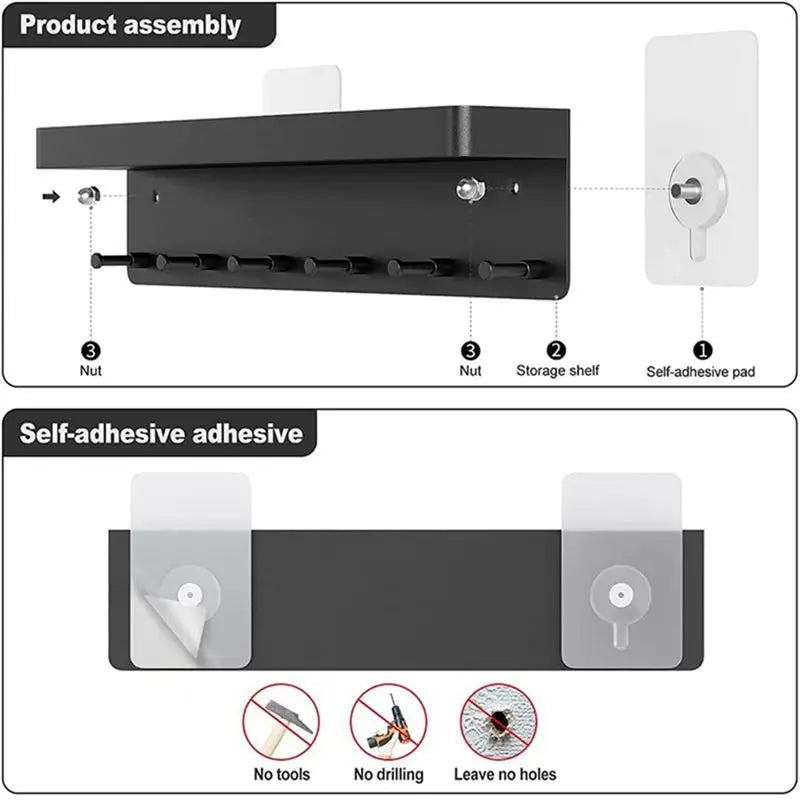 Wall-Mounted Key Rack with Shelf & 6 Hooks – Black Steel
