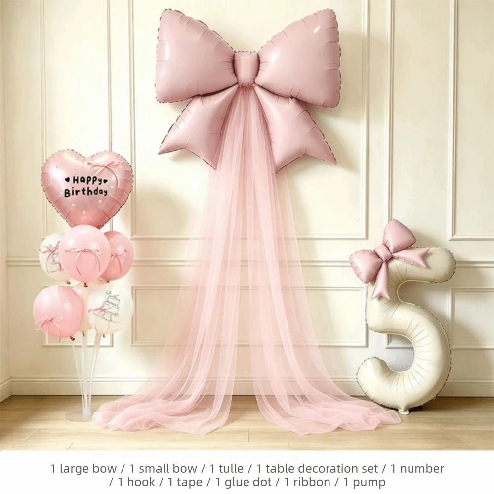 DIY Bow Balloon Set – 32" Foil Number Balloons & Pink Mesh