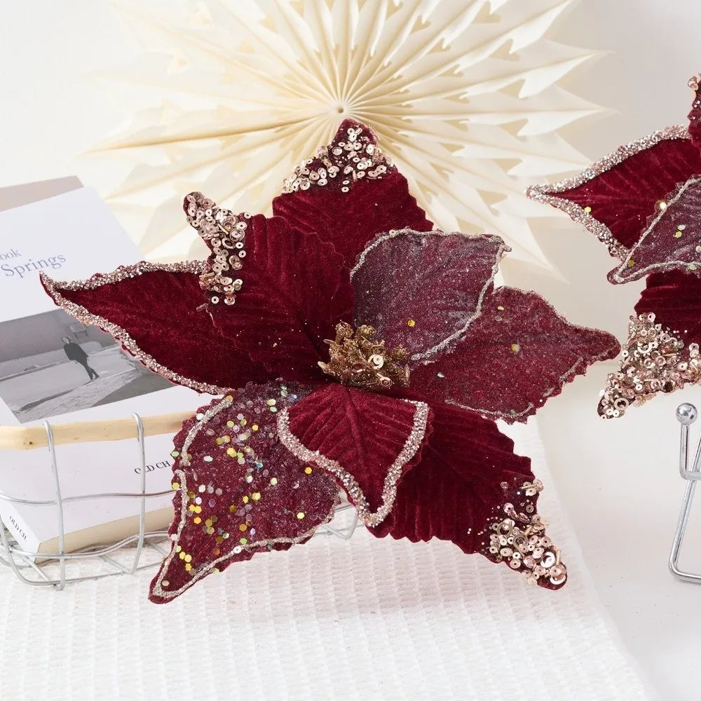 26CM Wine Red Glitter Artificial Poinsettia Flower | Christmas Decor