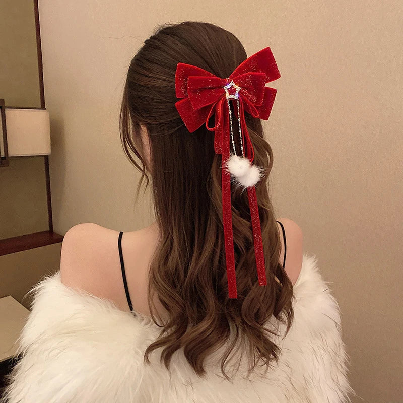 Red Velvet Gold Bow Hair Clip – Christmas Barrette for Girls
