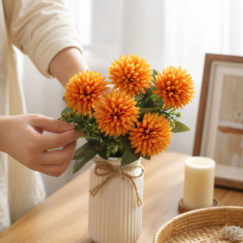 Artificial Silk Chrysanthemum Pompom Bunches – 3-Pack Fall Decor