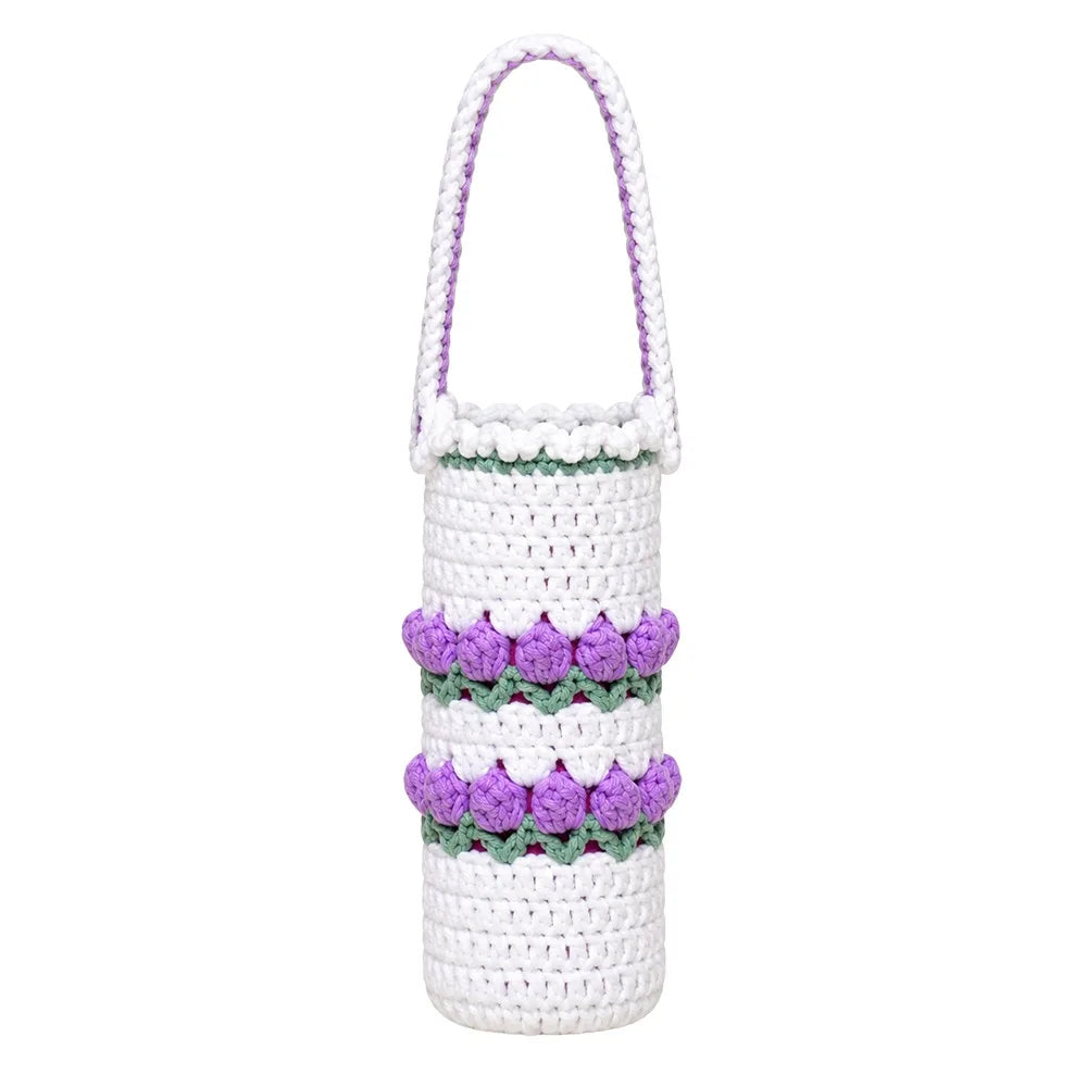 Handmade Knitted Crochet Water Bottle Cover with Carry Strap
