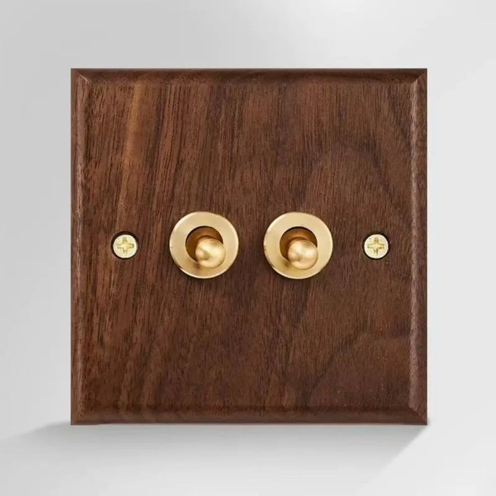Walnut Wood Brass Toggle Wall Switch & Socket Panel 86mm