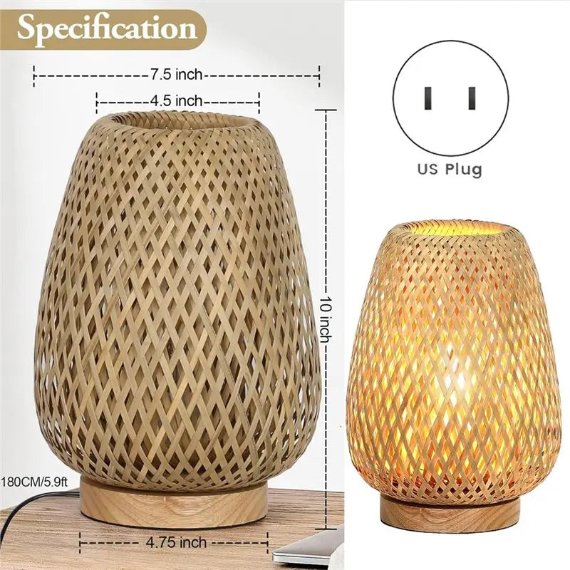 Boho Rattan Table Lamp | 3-Color Temp Dimmable Nightstand Light