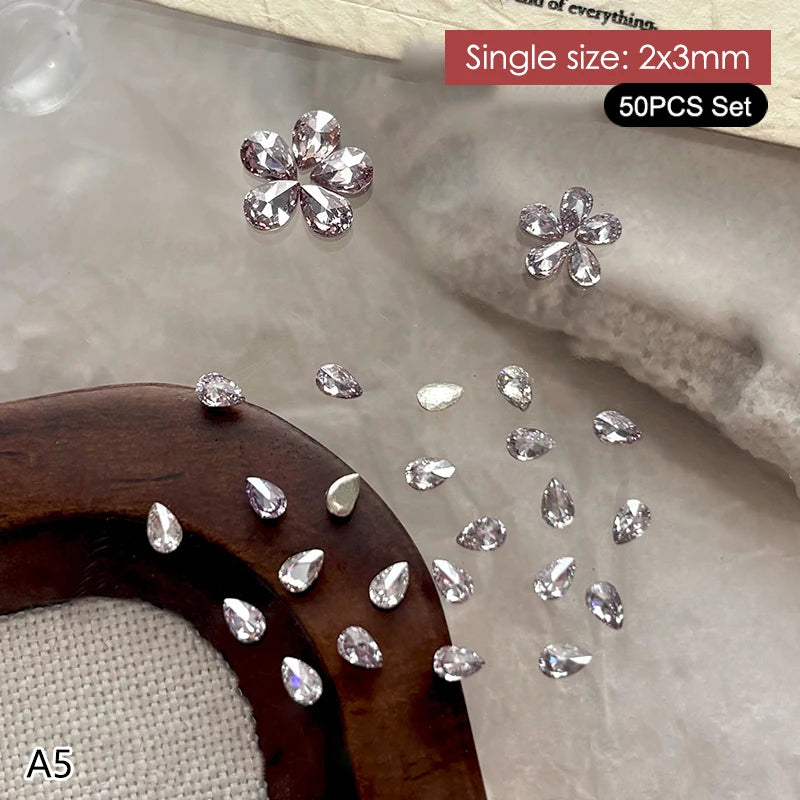 50Pcs Water Drop Zircon Nail Rhinestones 3D Flatback Crystal Gems