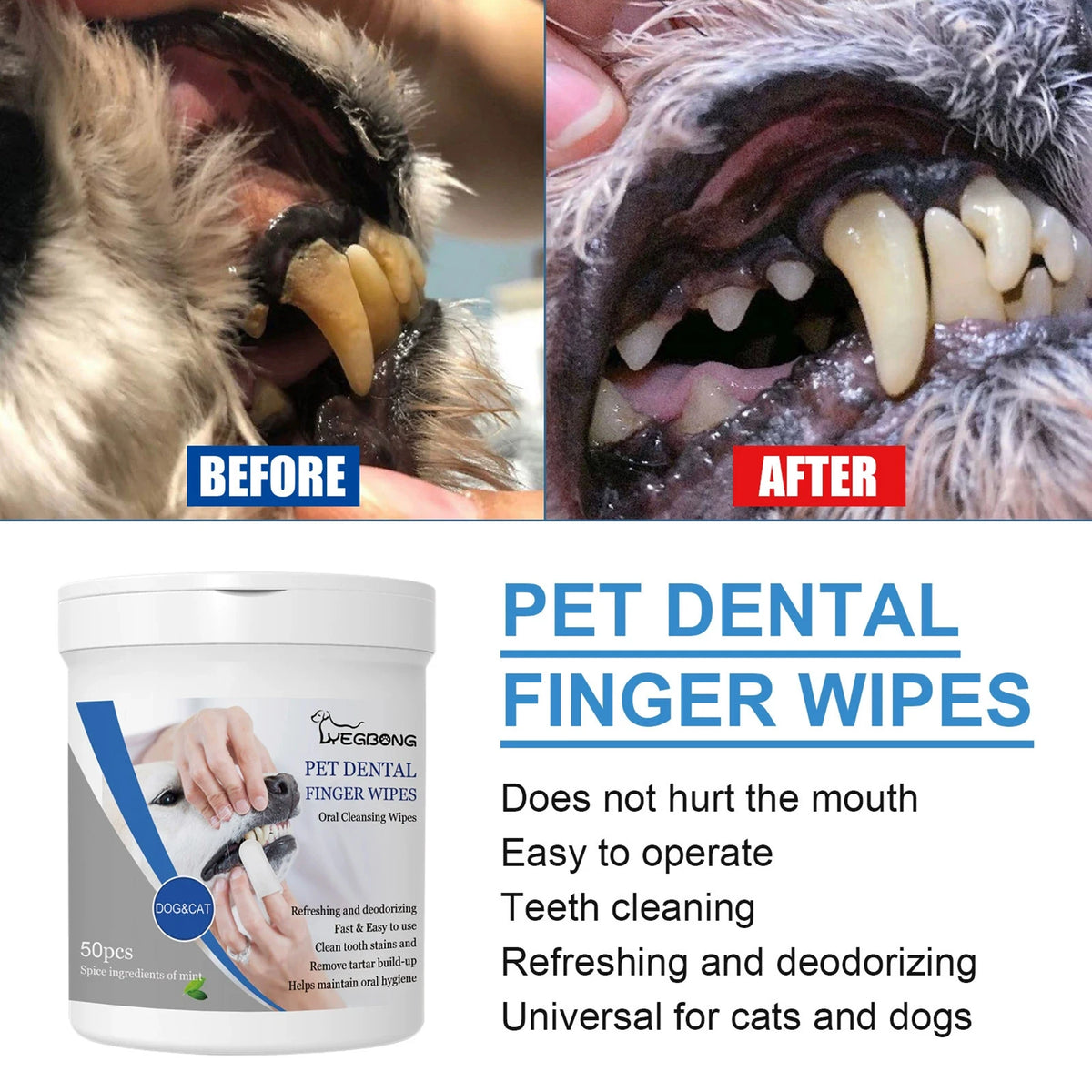 Pet Dental Finger Wipes for Dogs & Cats – 50 Pcs Oral Care
