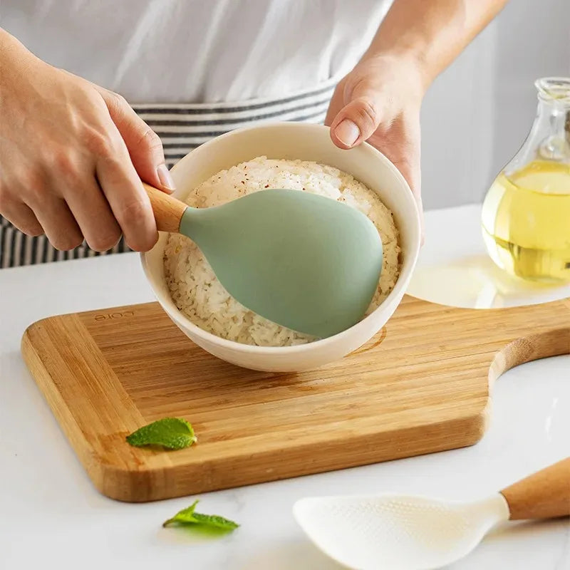 Vertical Silicone Rice Spoon – Non-Stick Wooden Handle