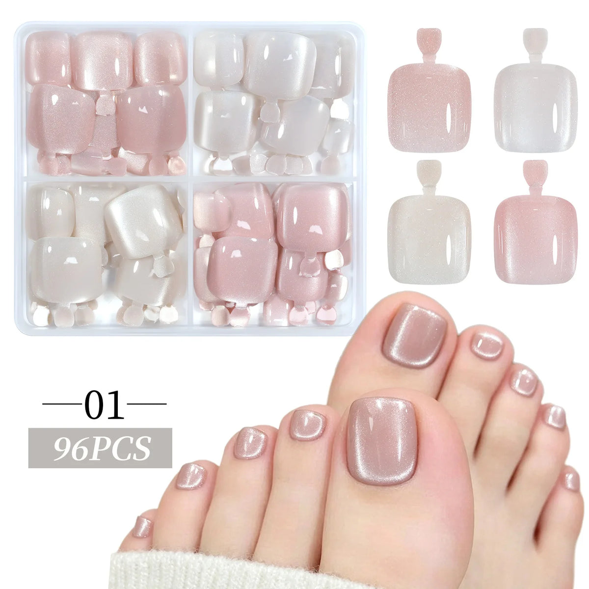 96Pcs Press On Toenails Cat Eye French Glitter Full Cover Tips