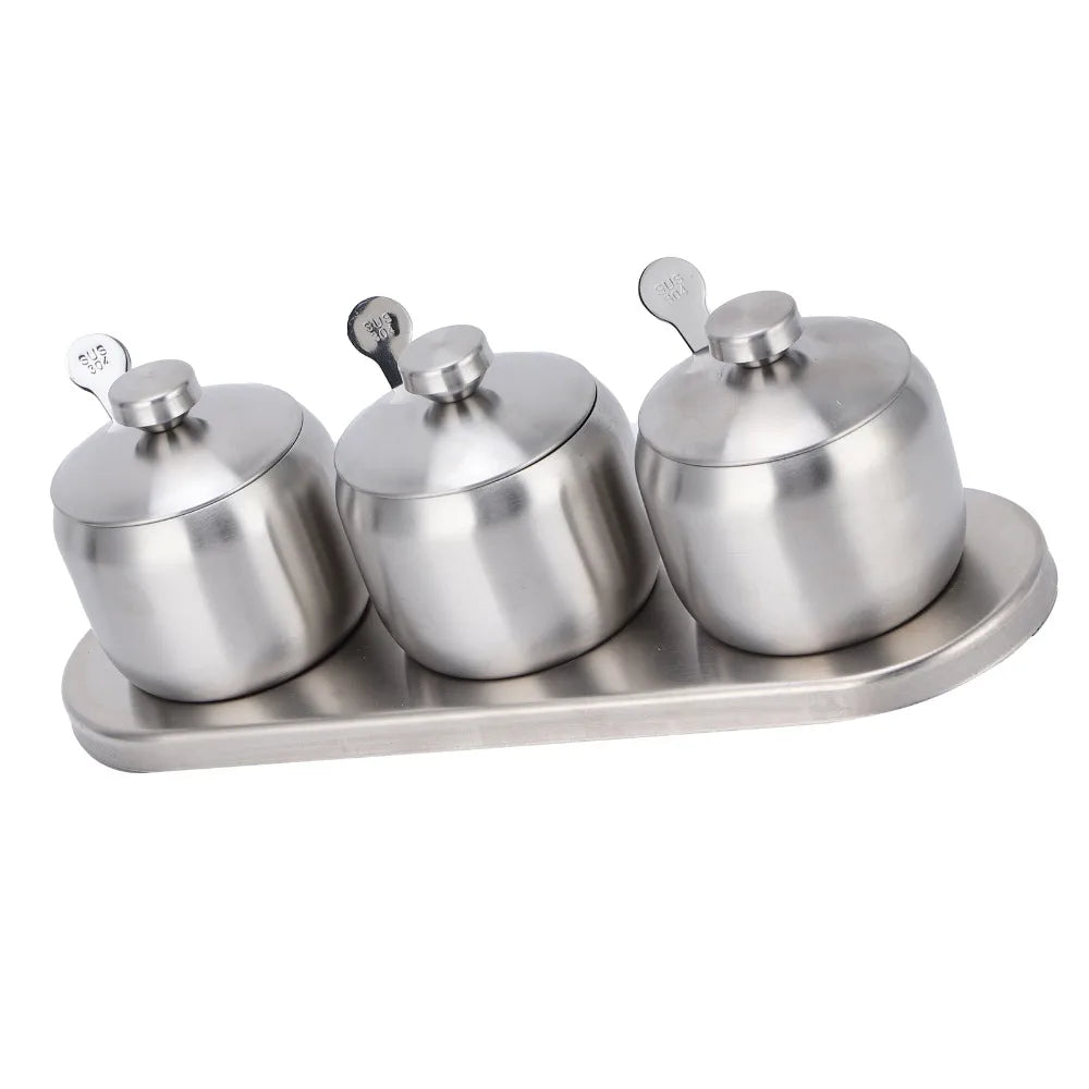 304 Stainless Steel Seasoning Pot Set with Lid & Spoons 300ml