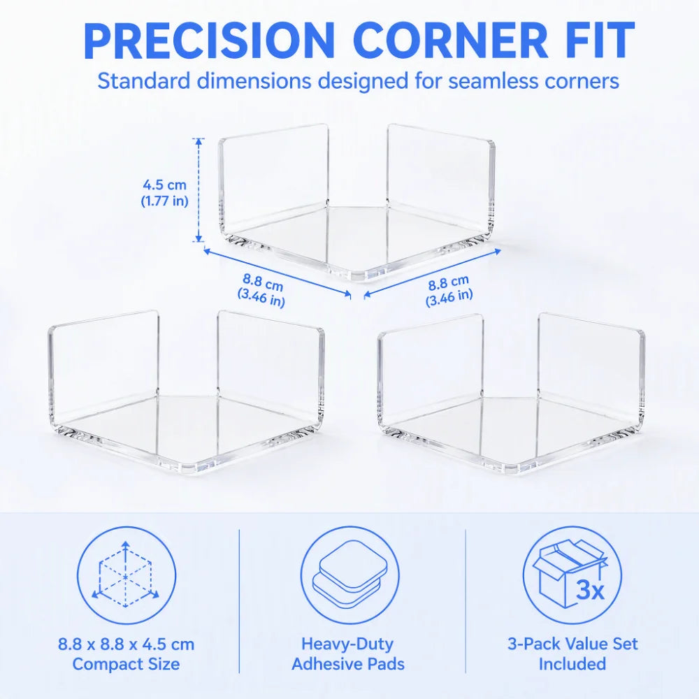 3-Pack Clear Acrylic Floating Corner Wall Shelves – No Drill