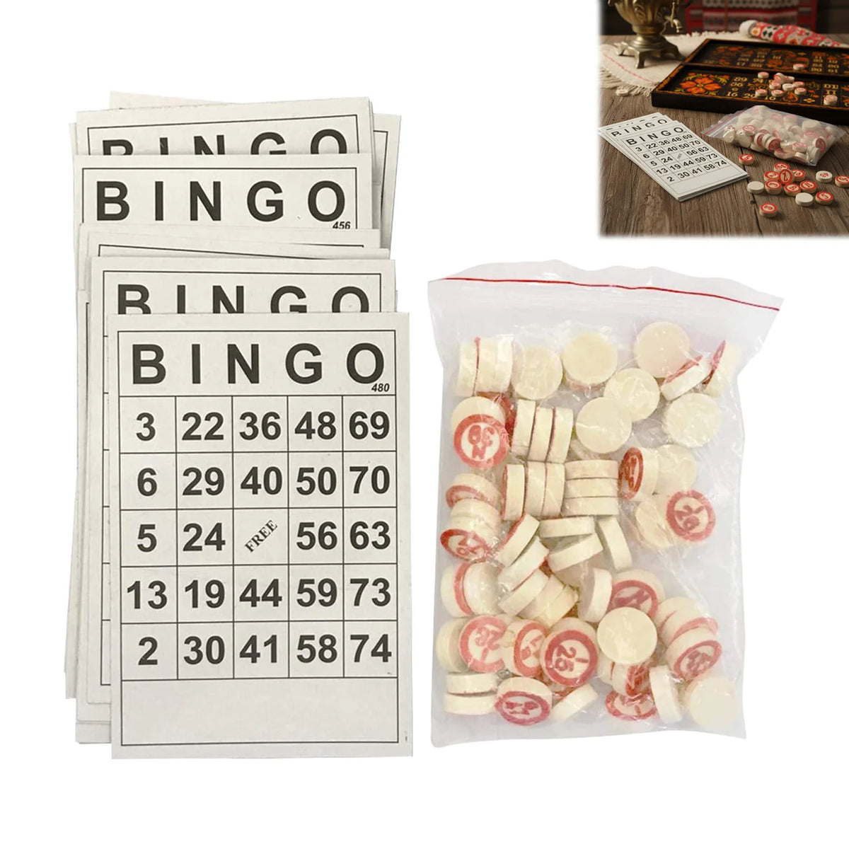 Wooden Bingo Lotto Game Set – 40 Cards & 75 Chips