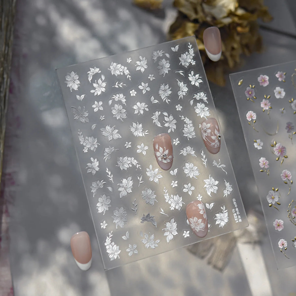 3D Gilded Camellia Flower Nail Art Stickers – Luxury White