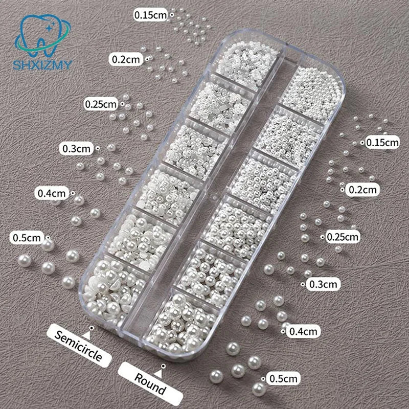 12-Grid 3D White Pearl Nail Charms – Mixed Beads Nail Art Set