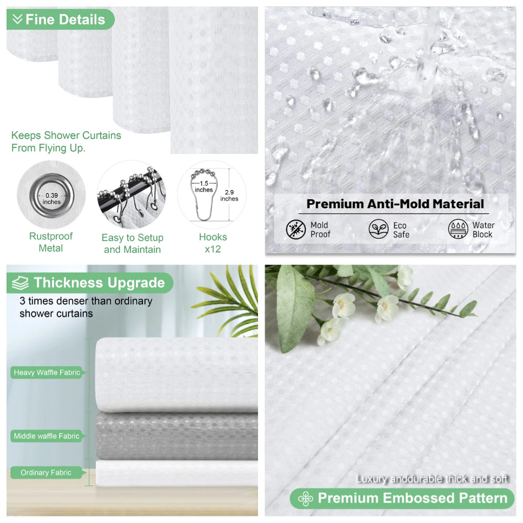 Waffle Weave Shower Curtain 180x180cm | Waterproof + 12 Hooks