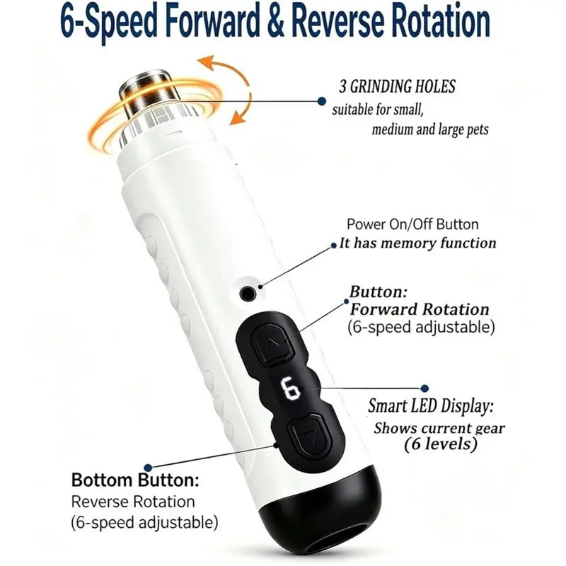VIBE Quiet Pet Nail Grinder 6-Speed for Dogs & Cats | LED Light