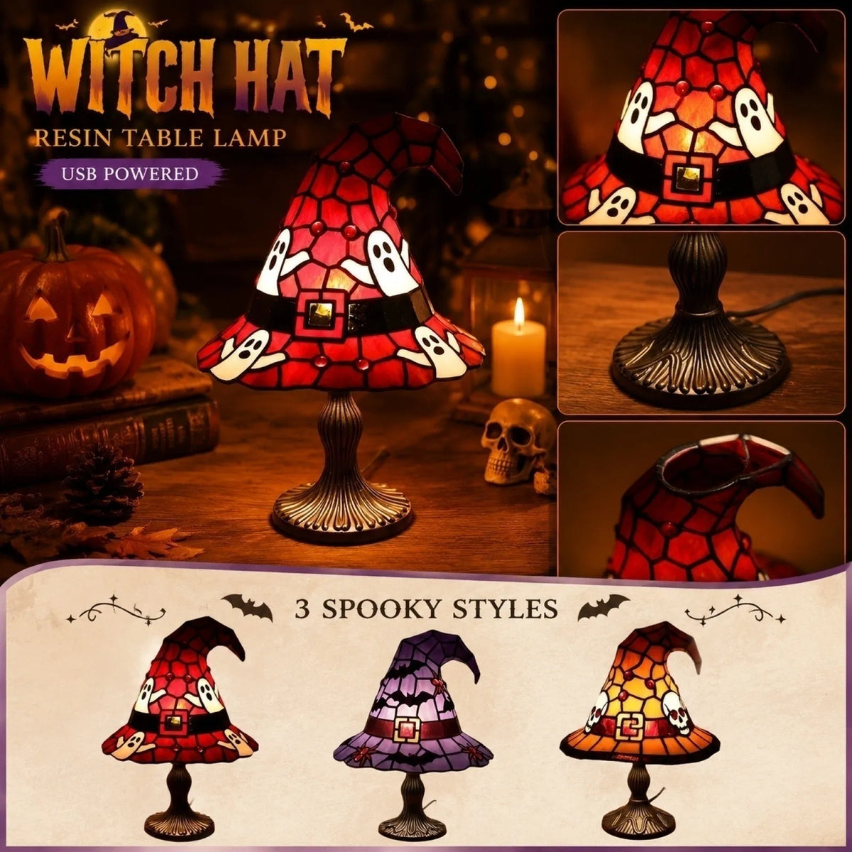 Witch Hat Stained Glass USB Table Lamp – Gothic Night Light