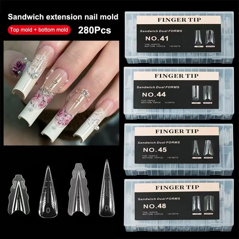 140/280Pcs Dual Nail Forms Full Cover Long Pointed Extension Tips