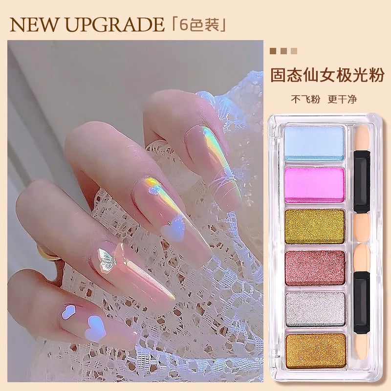 6-Color Solid Mirror Nail Powder – Aurora Holographic Glitter Set