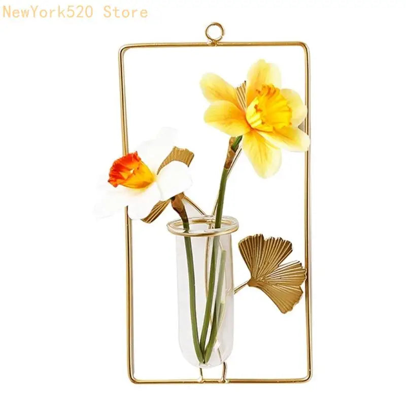 Wall Hanging Geometric Glass Vase with Gold Metal Frame Planter