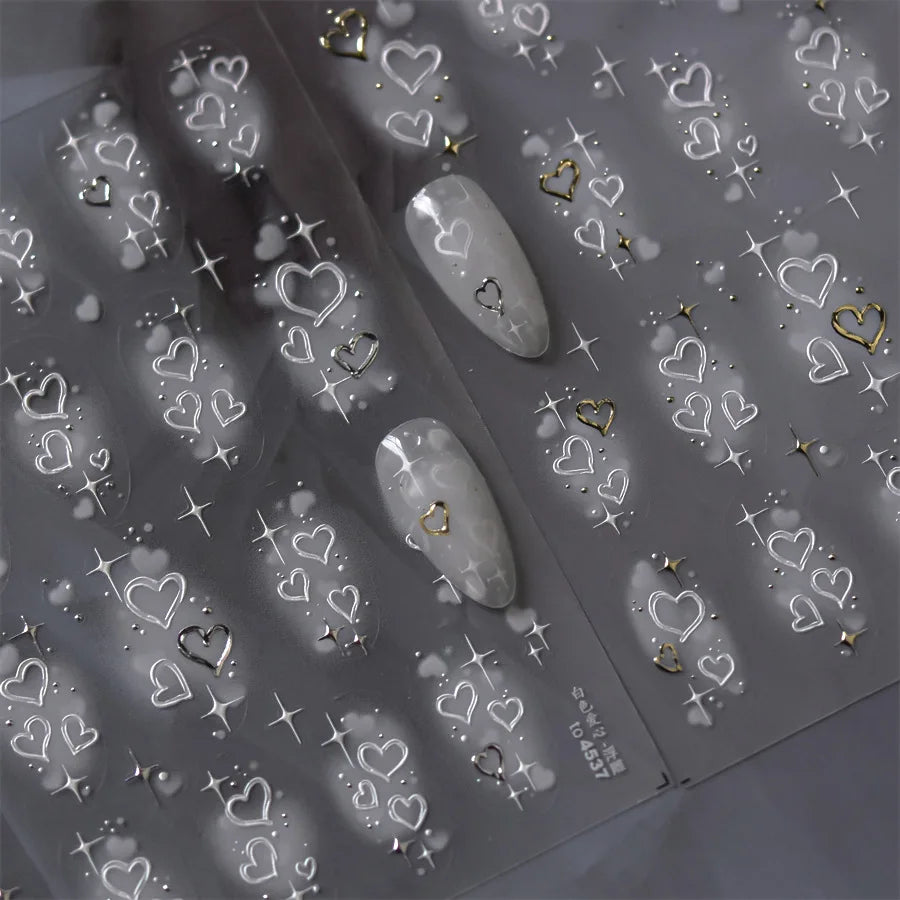 5D Relief Nail Art Stickers – Gold Silver Heart Decals