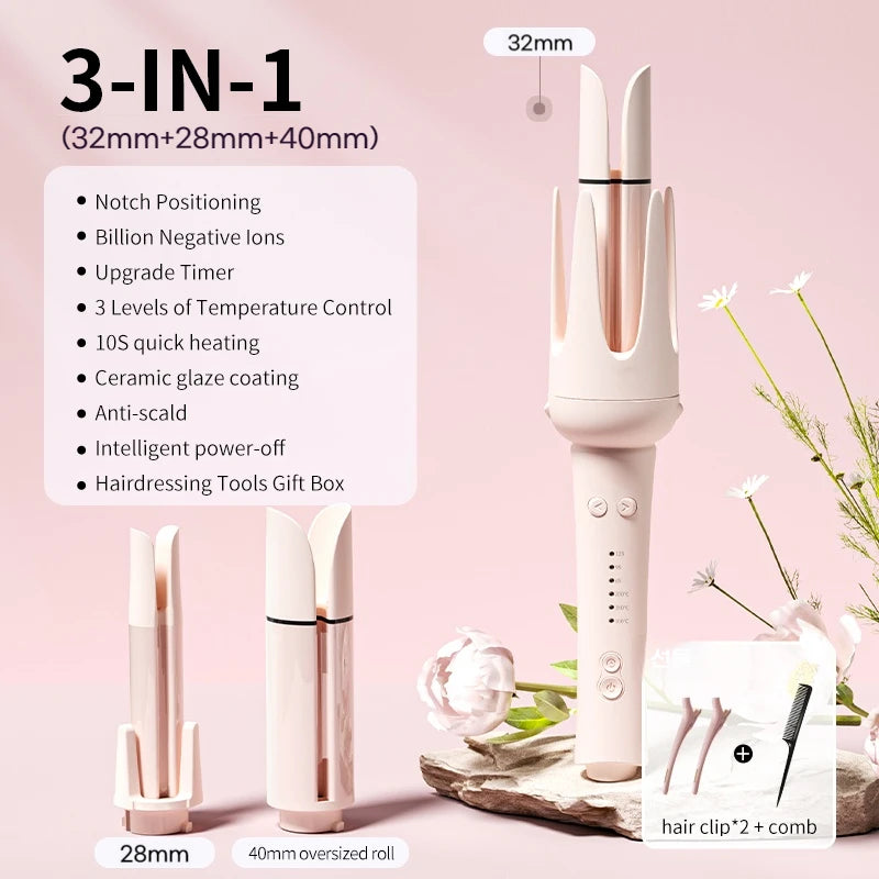 3-in-1 Automatic Curling Iron | Negative Ion Interchangeable Barrels