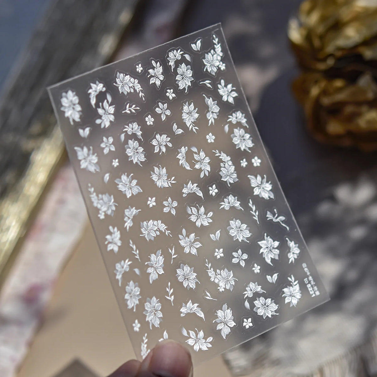 3D Gilded Camellia Flower Nail Art Stickers – Luxury White