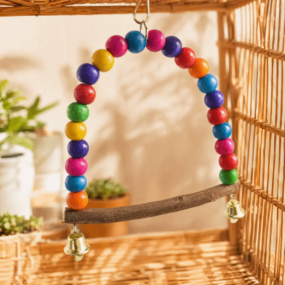 Colorful Wooden Bird Swing Toy with Bells – Parrot Perch